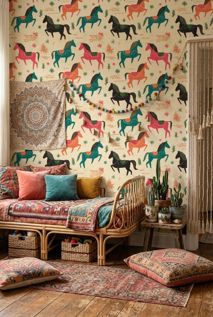 Kids Nursery Horse Wallpaper Folk Art Animal Pattern Removable Wall Decor