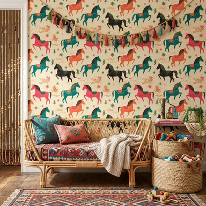 Kids Nursery Horse Wallpaper Folk Art Animal Pattern Removable Wall Decor