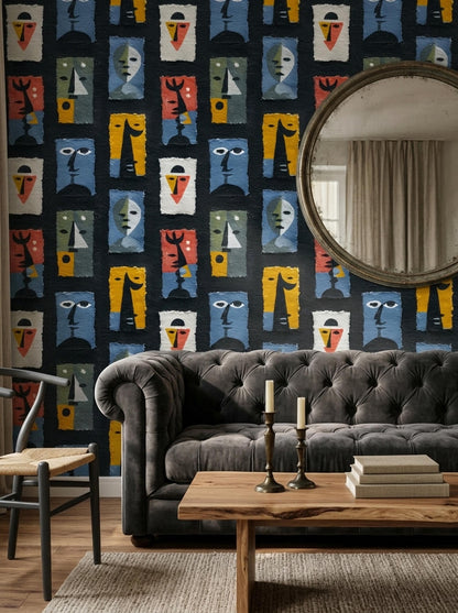 Abstract Faces Wallpaper Modern Art Pattern Mid Century Style Removable Peel Stick Decor