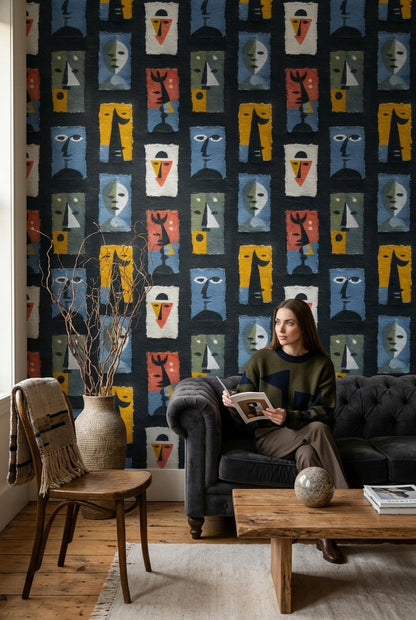 Abstract Faces Wallpaper Modern Art Pattern Mid Century Style Removable Peel Stick Decor