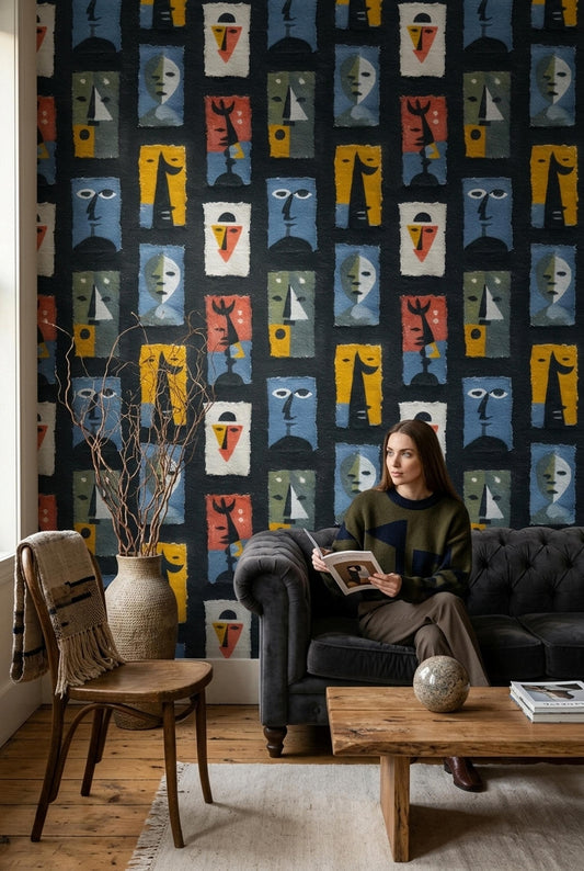 Abstract Faces Wallpaper Modern Art Pattern Mid Century Style Removable Peel Stick Decor