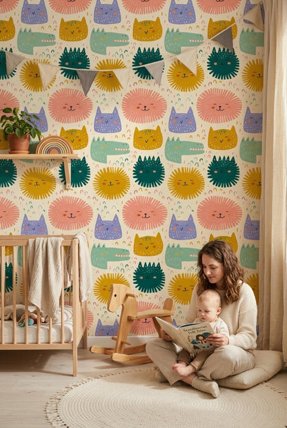 Playful Character Wallpaper for Nursery and Kids Room Modern Pattern Removable Wall Decor