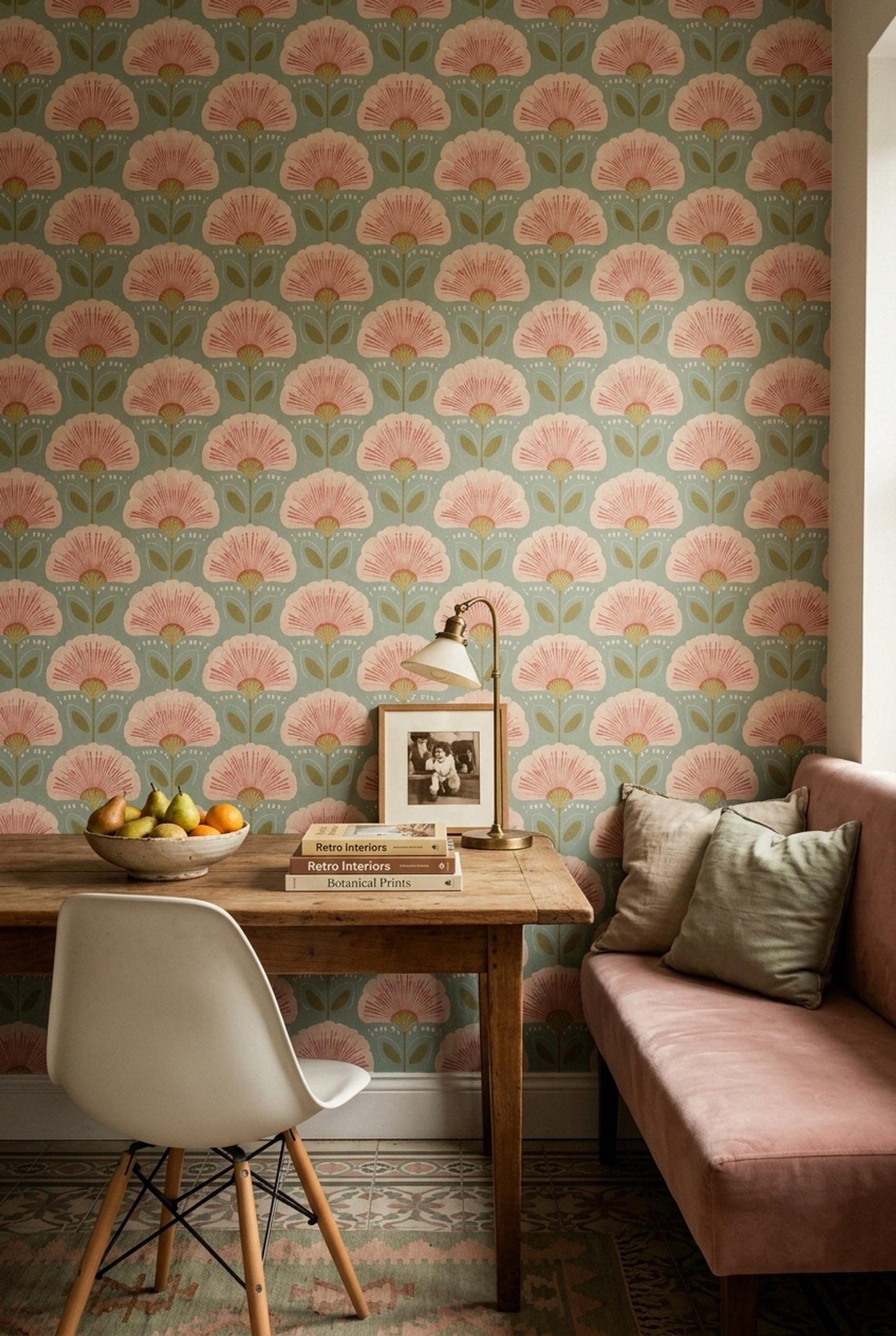 Art Deco Floral Wallpaper Sage Green Mid Century Botanical Pattern