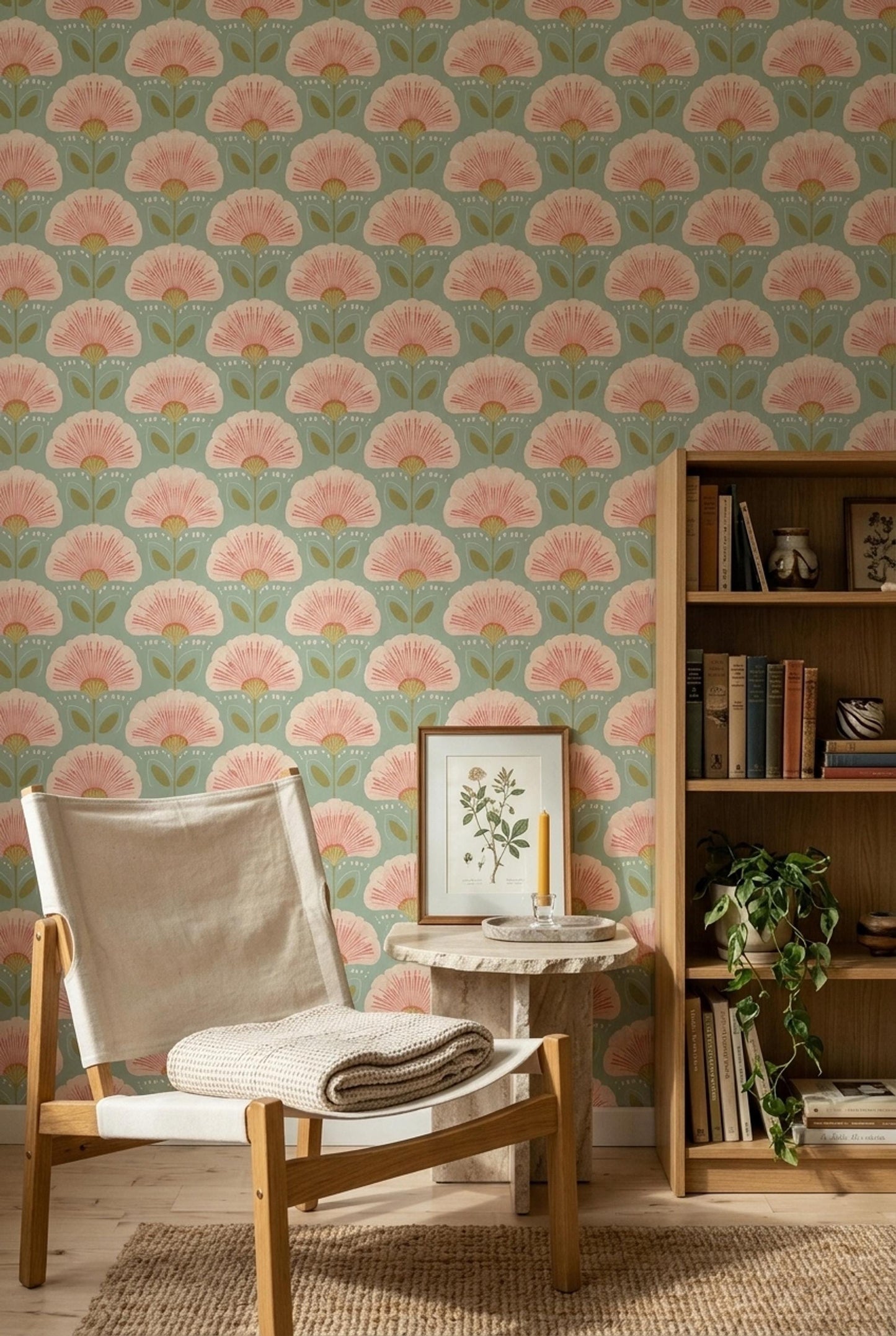 Art Deco Floral Wallpaper Sage Green Mid Century Botanical Pattern
