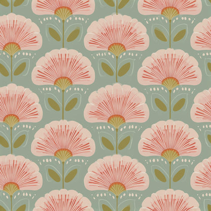 Art Deco Floral Wallpaper Sage Green Mid Century Botanical Pattern