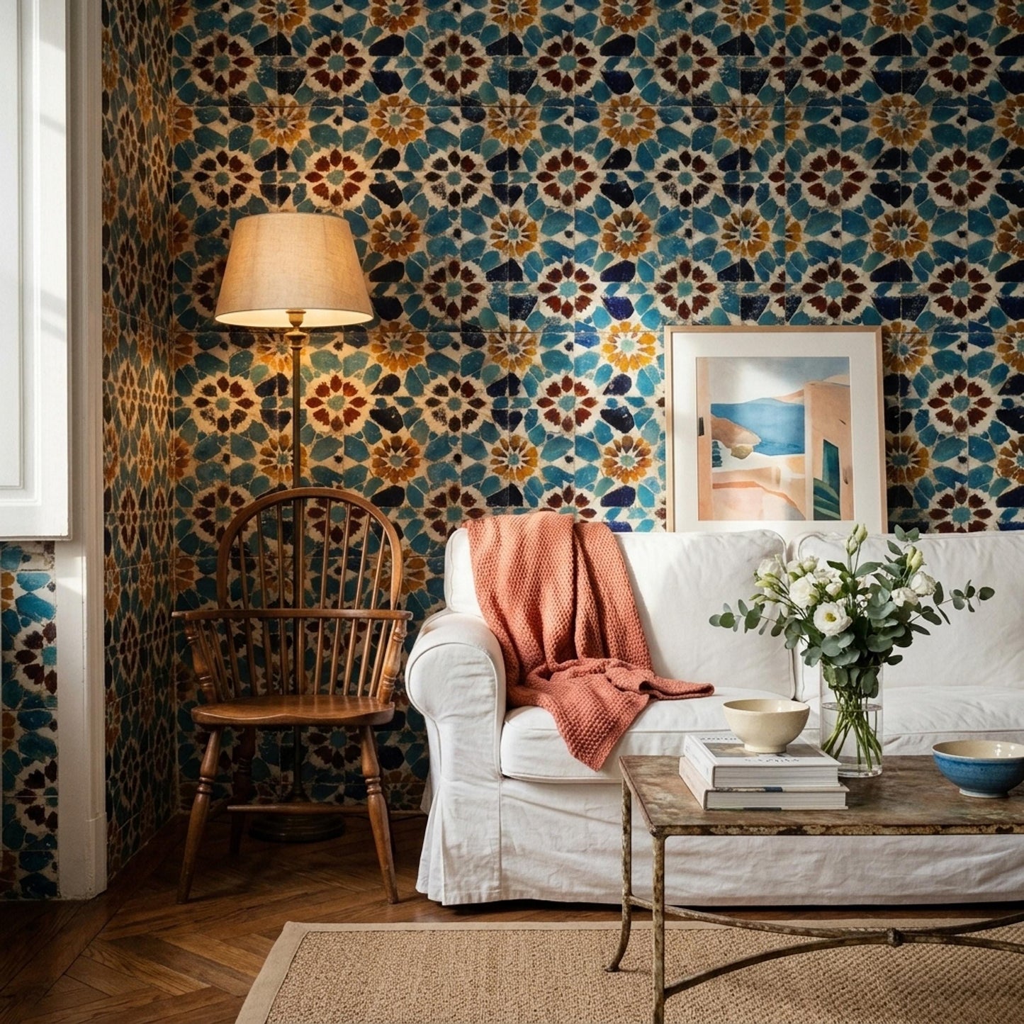 Moroccan Mosaic Wallpaper Blue Tile Pattern Mediterranean Wall Decor