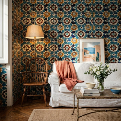Moroccan Mosaic Wallpaper Blue Tile Pattern Mediterranean Wall Decor