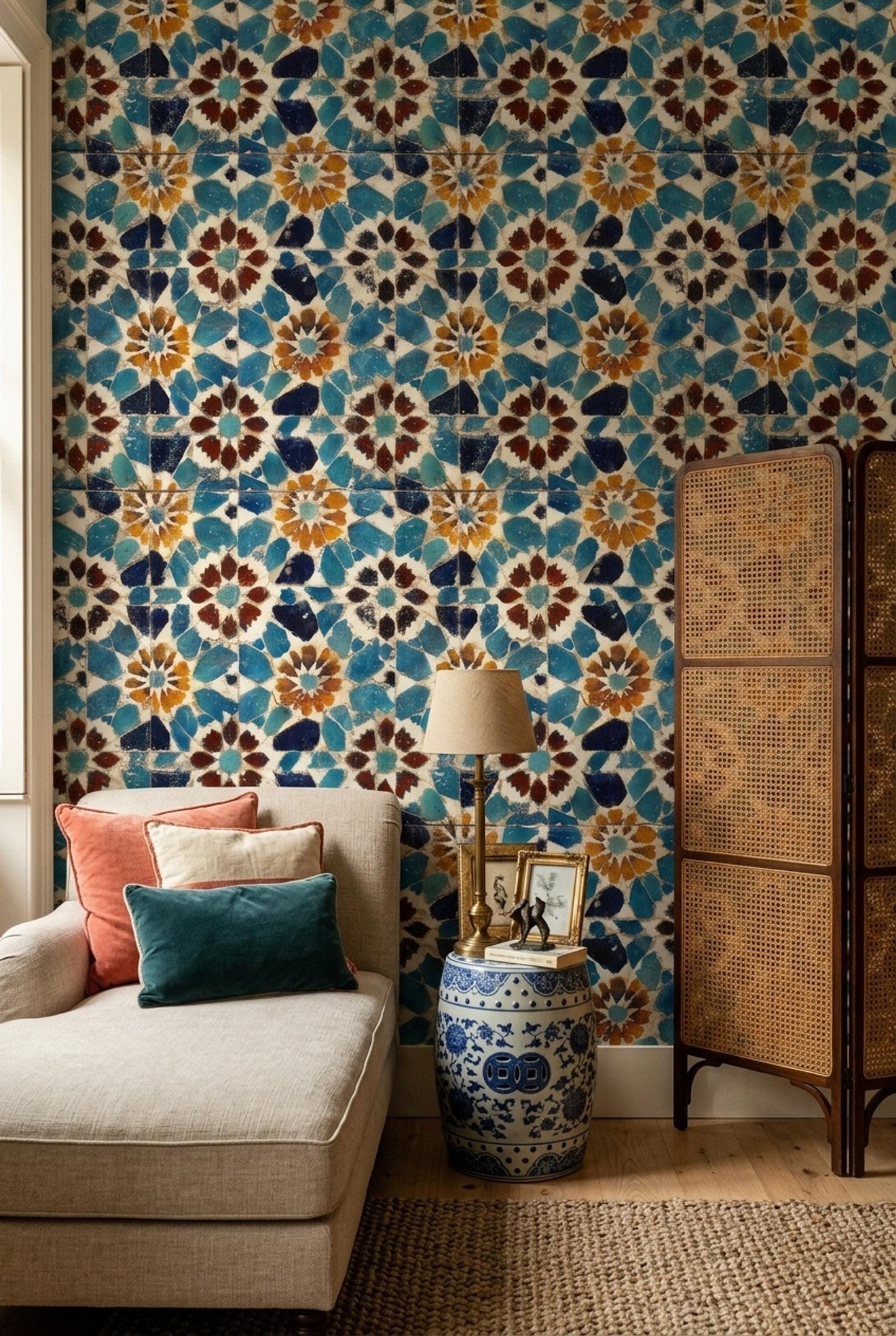Moroccan Mosaic Wallpaper Blue Tile Pattern Mediterranean Wall Decor