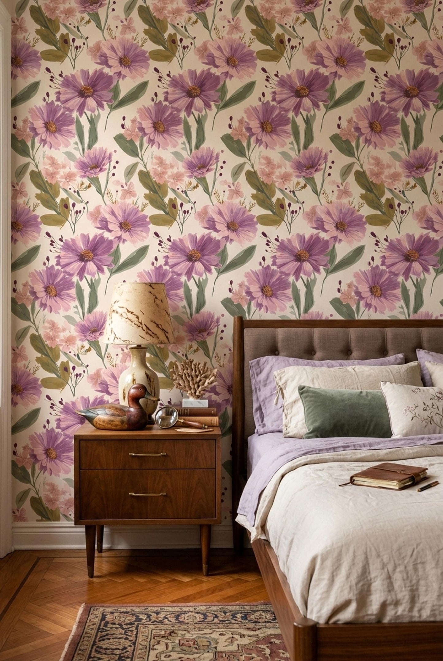 Soft Floral Wallpaper Blush Purple Botanical Pattern Elegant Modern Wall Decor