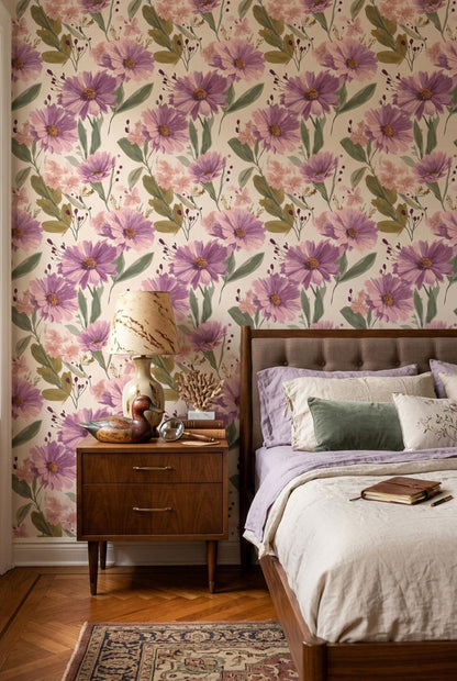 Soft Floral Wallpaper Blush Purple Botanical Pattern Elegant Modern Wall Decor