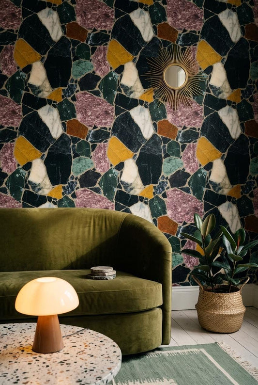 Dark Terrazzo Wallpaper Marble Stone Pattern Modern Luxury Wall Decor Interior Design