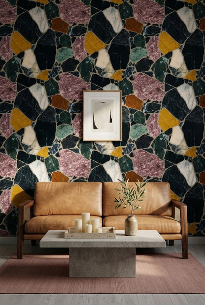 Dark Terrazzo Wallpaper Marble Stone Pattern Modern Luxury Wall Decor Interior Design