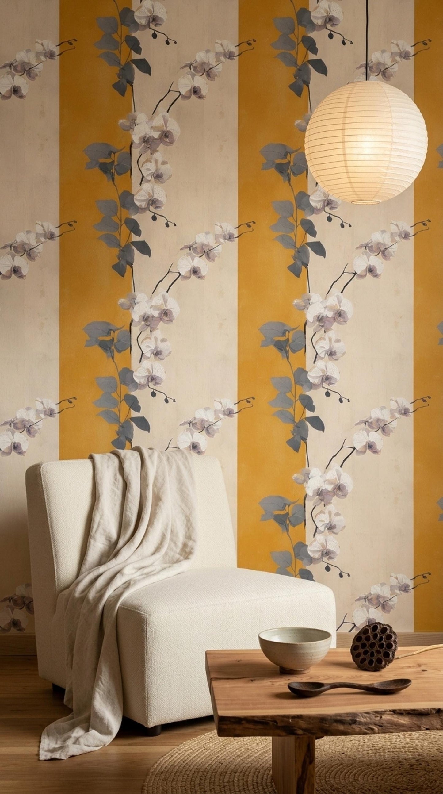 Golden Stripe Orchid Wallpaper Japandi Floral Pattern Neutral Botanical Wall Decor