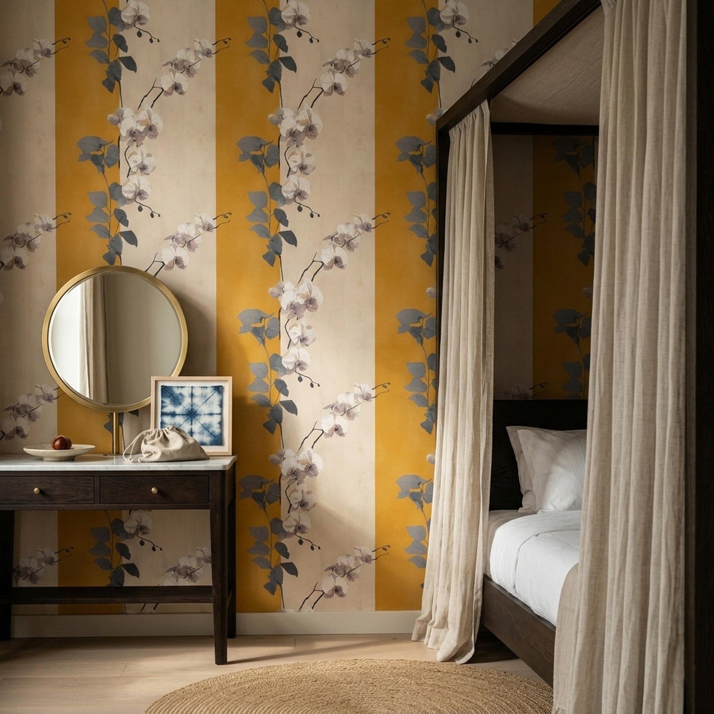 Golden Stripe Orchid Wallpaper Japandi Floral Pattern Neutral Botanical Wall Decor