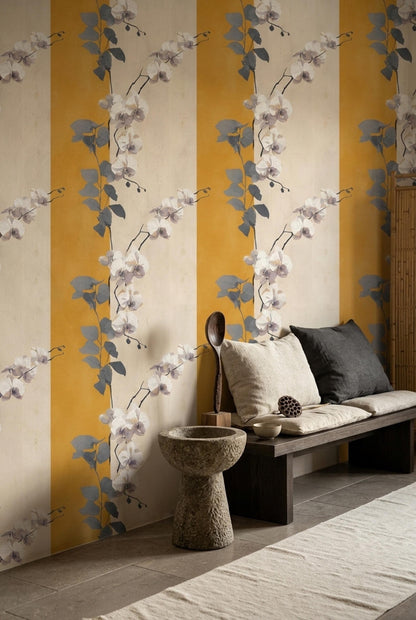 Golden Stripe Orchid Wallpaper Japandi Floral Pattern Neutral Botanical Wall Decor