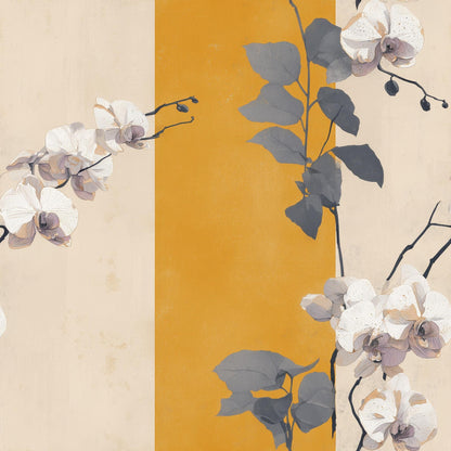 Golden Stripe Orchid Wallpaper Japandi Floral Pattern Neutral Botanical Wall Decor