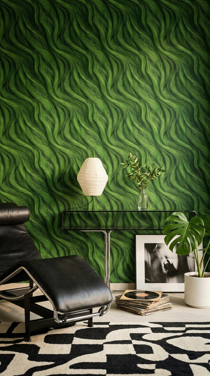 Green Textured Wave Wallpaper Organic Flow Pattern Modern Nature Wall Decor