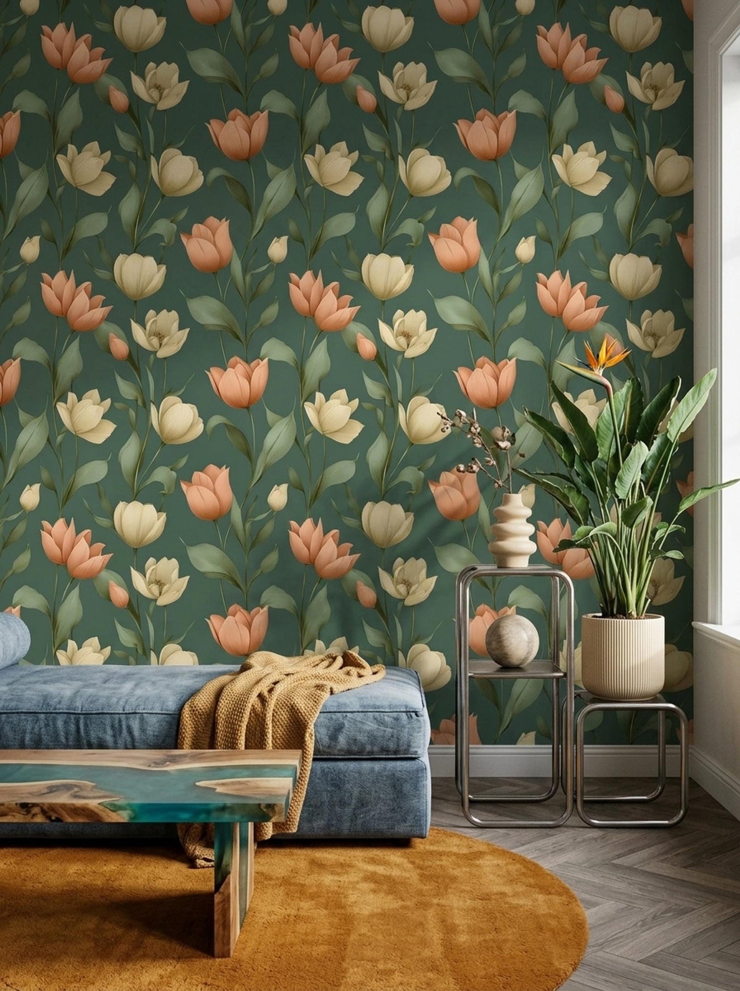 Tulip Pattern Wallpaper Green Floral Wall Design Elegant Botanical Home Decor