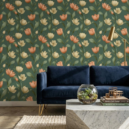 Tulip Pattern Wallpaper Green Floral Wall Design Elegant Botanical Home Decor