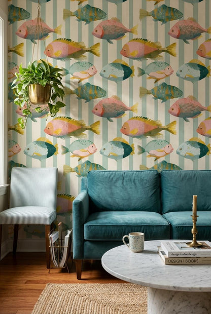 Colorful Fish Wallpaper Coastal Kids Room Pattern Ocean Nursery Wall Decor