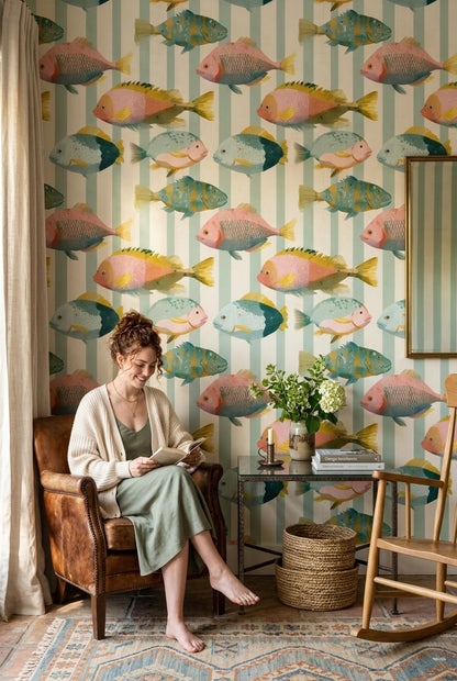 Colorful Fish Wallpaper Coastal Kids Room Pattern Ocean Nursery Wall Decor