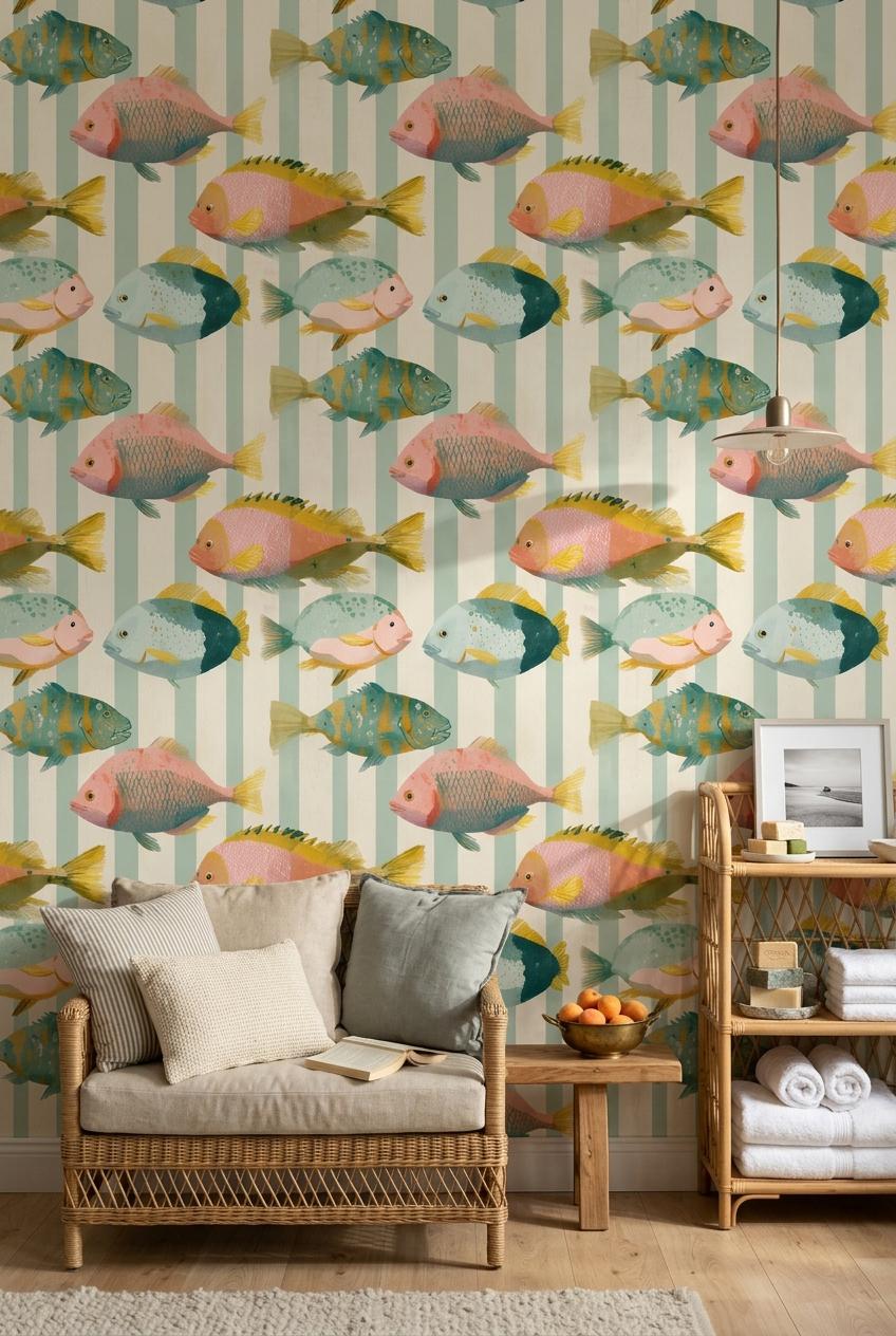 Colorful Fish Wallpaper Coastal Kids Room Pattern Ocean Nursery Wall Decor