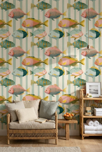 Colorful Fish Wallpaper Coastal Kids Room Pattern Ocean Nursery Wall Decor