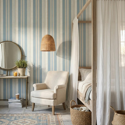 Soft Blue Striped Wallpaper Neutral Coastal Modern Minimal Wall Decor