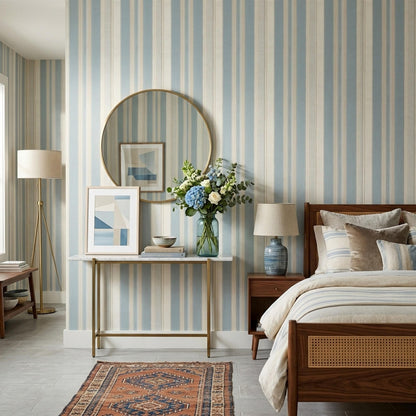 Soft Blue Striped Wallpaper Neutral Coastal Modern Minimal Wall Decor