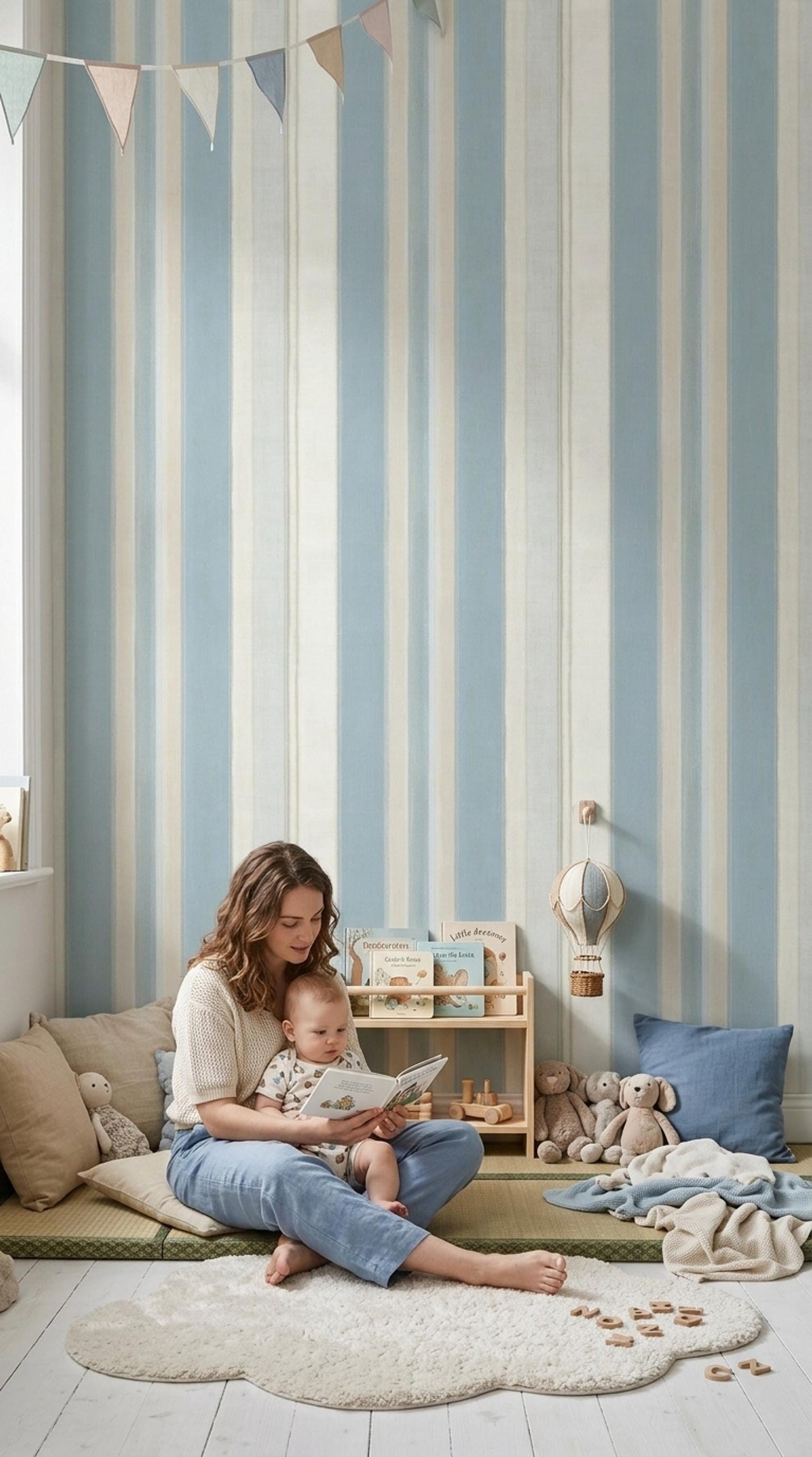 Soft Blue Striped Wallpaper Neutral Coastal Modern Minimal Wall Decor