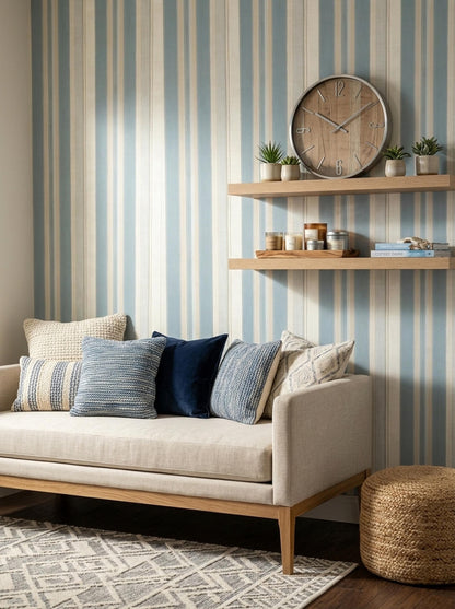 Soft Blue Striped Wallpaper Neutral Coastal Modern Minimal Wall Decor