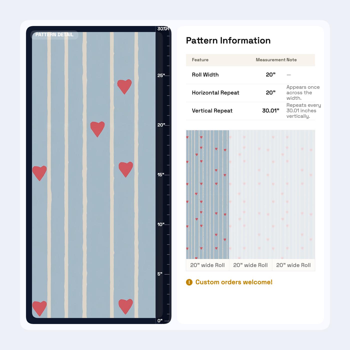 Blue Stripe Heart Pattern Wallpaper Nursery Decor Soft Scandi Kids Room Wall Design