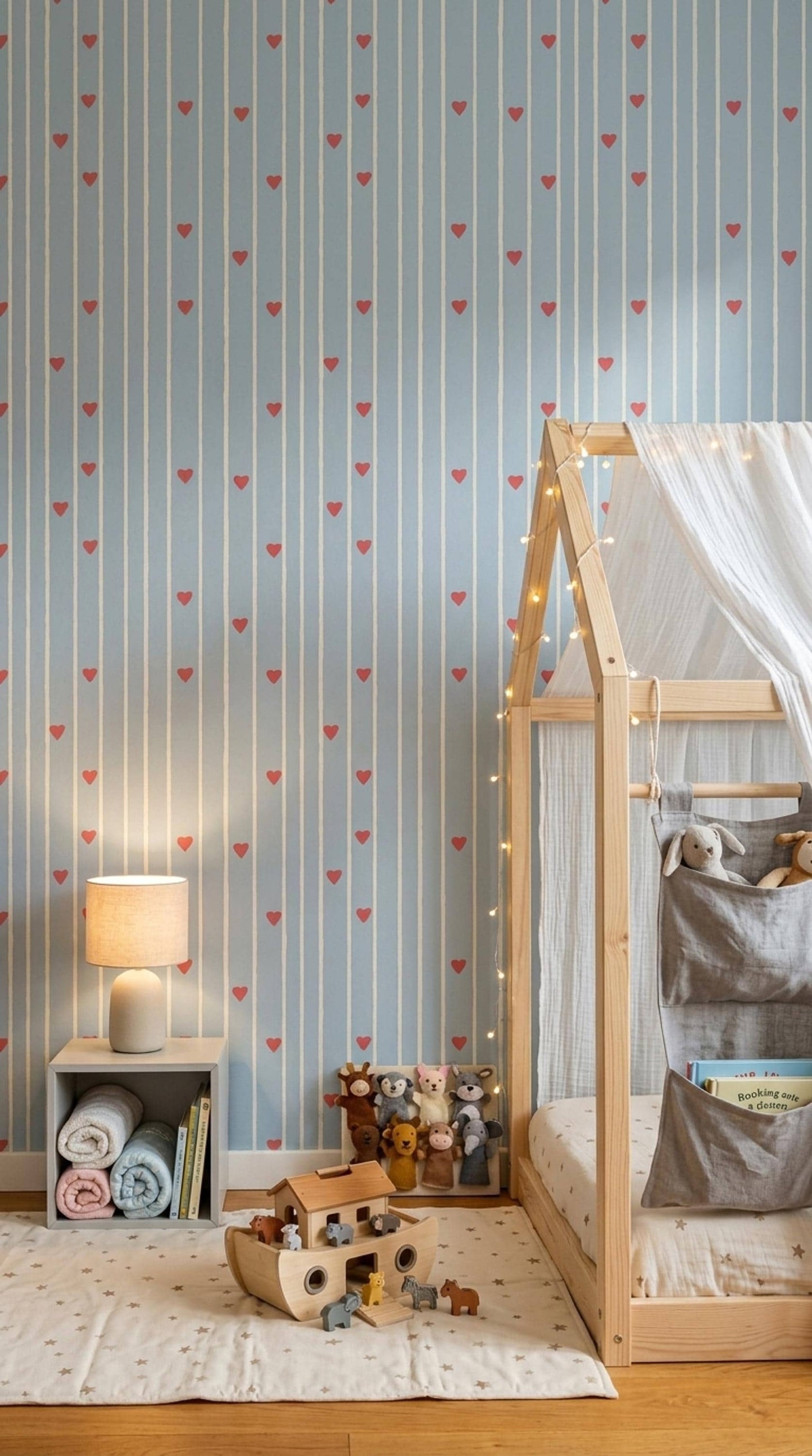 Blue Stripe Heart Pattern Wallpaper Nursery Decor Soft Scandi Kids Room Wall Design