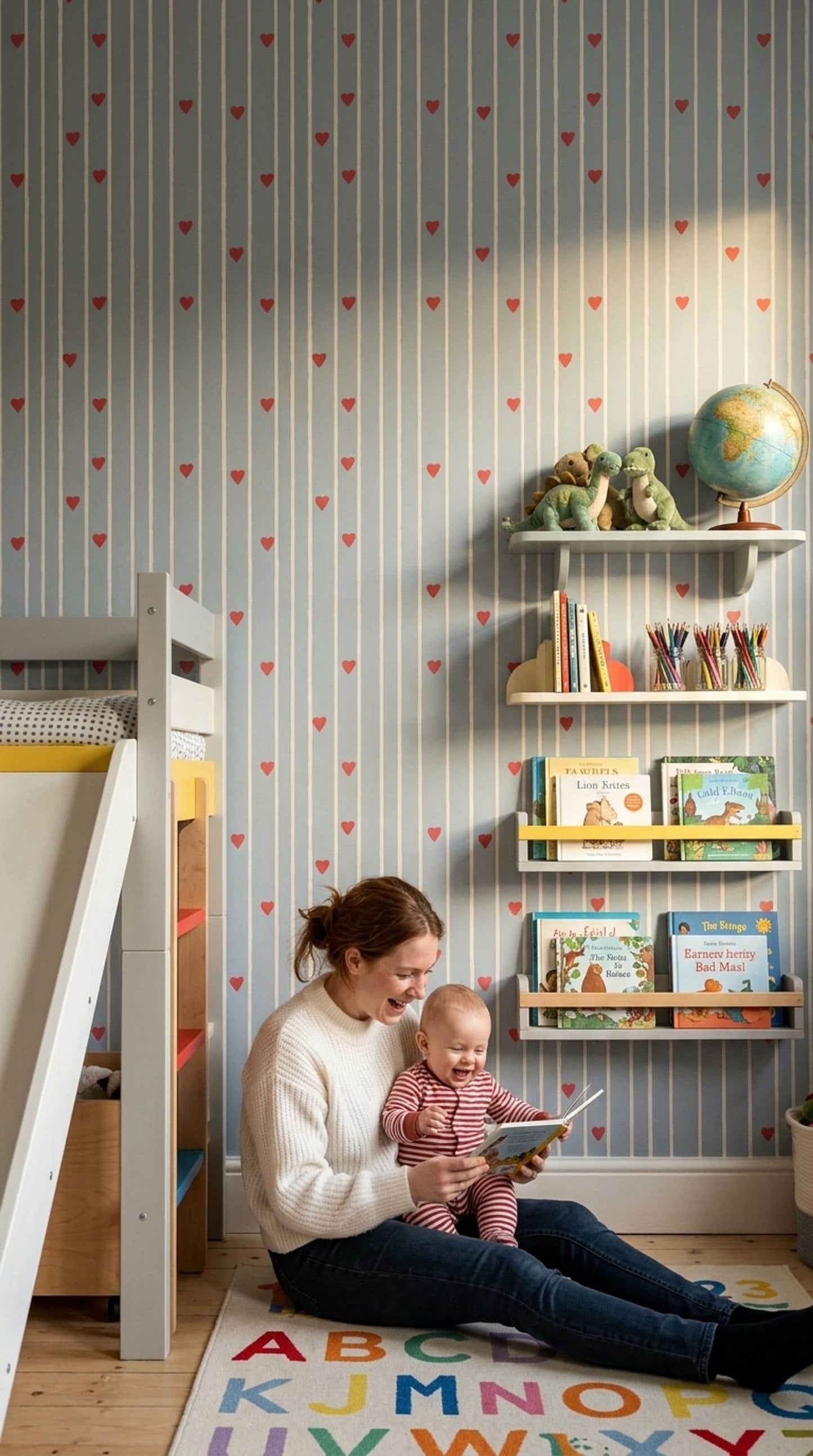 Blue Stripe Heart Pattern Wallpaper Nursery Decor Soft Scandi Kids Room Wall Design