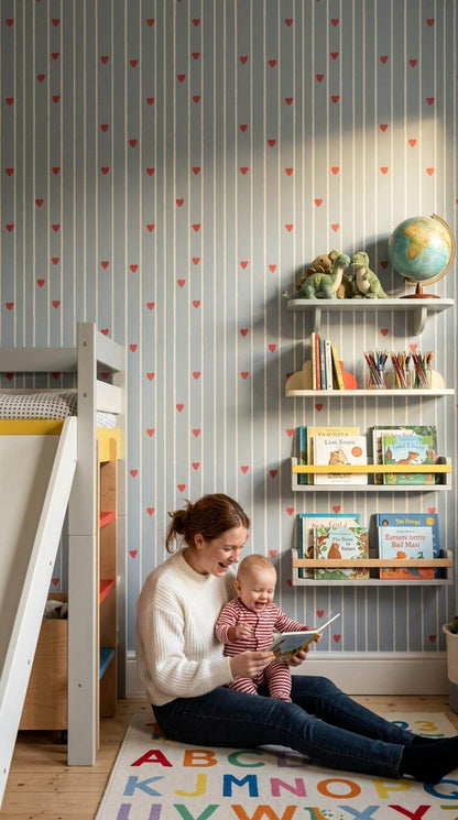 Blue Stripe Heart Pattern Wallpaper Nursery Decor Soft Scandi Kids Room Wall Design