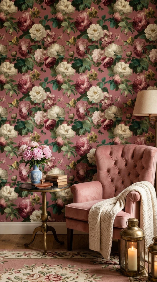 Vintage Floral Wallpaper Dark Pink Roses Classic Elegant Moody Wall Decor