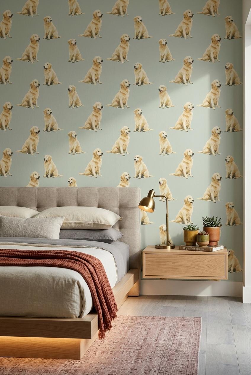 Golden Retriever Pattern Wallpaper Soft Green Dog Lover Wall Design Modern Decor