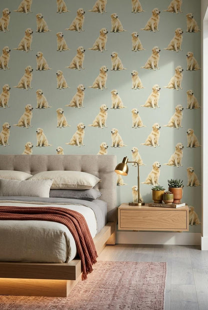 Golden Retriever Pattern Wallpaper Soft Green Dog Lover Wall Design Modern Decor