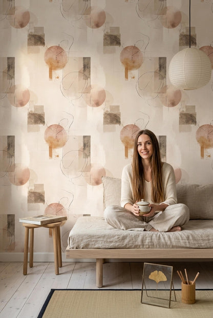 Abstract Neutral Wallpaper Minimal Geometric Shapes Modern Beige Wall Design