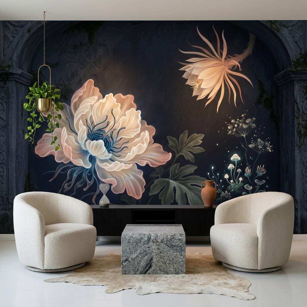 Dark Floral Wallpaper Mural, Moody Peony Wall Art for Bedroom, Removable Luxury Wall Decor