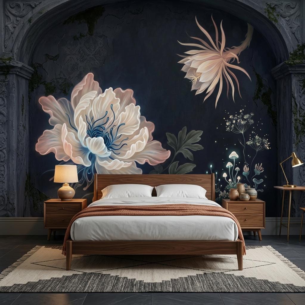Dark Floral Wallpaper Mural, Moody Peony Wall Art for Bedroom, Removable Luxury Wall Decor