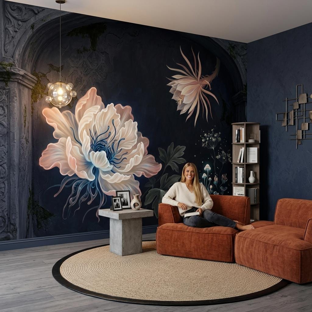 Dark Floral Wallpaper Mural, Moody Peony Wall Art for Bedroom, Removable Luxury Wall Decor