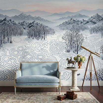 Winter Mountain Wallpaper Mural, Snow Landscape Wall Decor, Scenic Forest Wall Art
