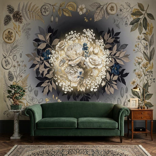 Floral Botanical Wallpaper Mural, Vintage Flower Wall Art, Elegant Living Room Wall Decor