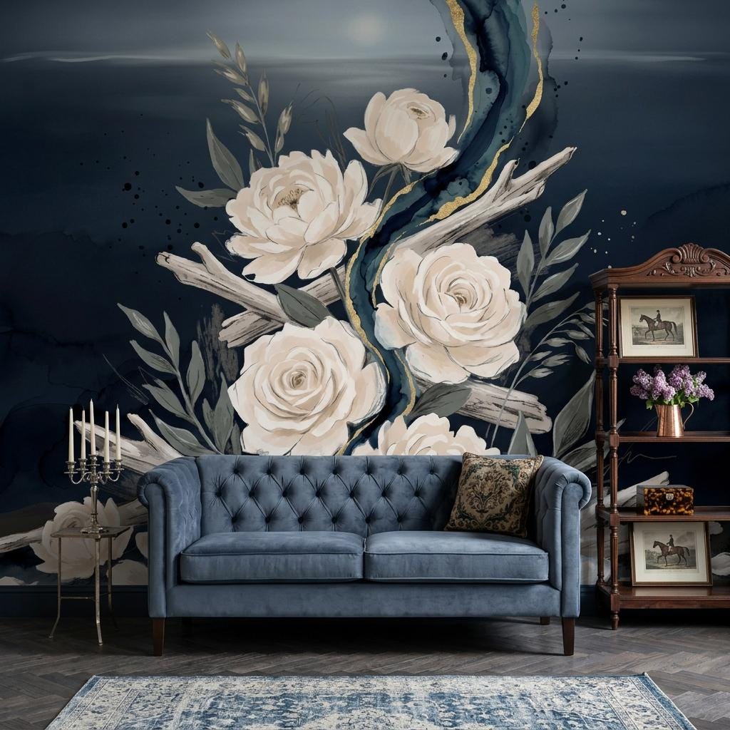 Dark Floral Wallpaper Mural, Elegant Rose Wall Art, Luxury Botanical Wall Decor