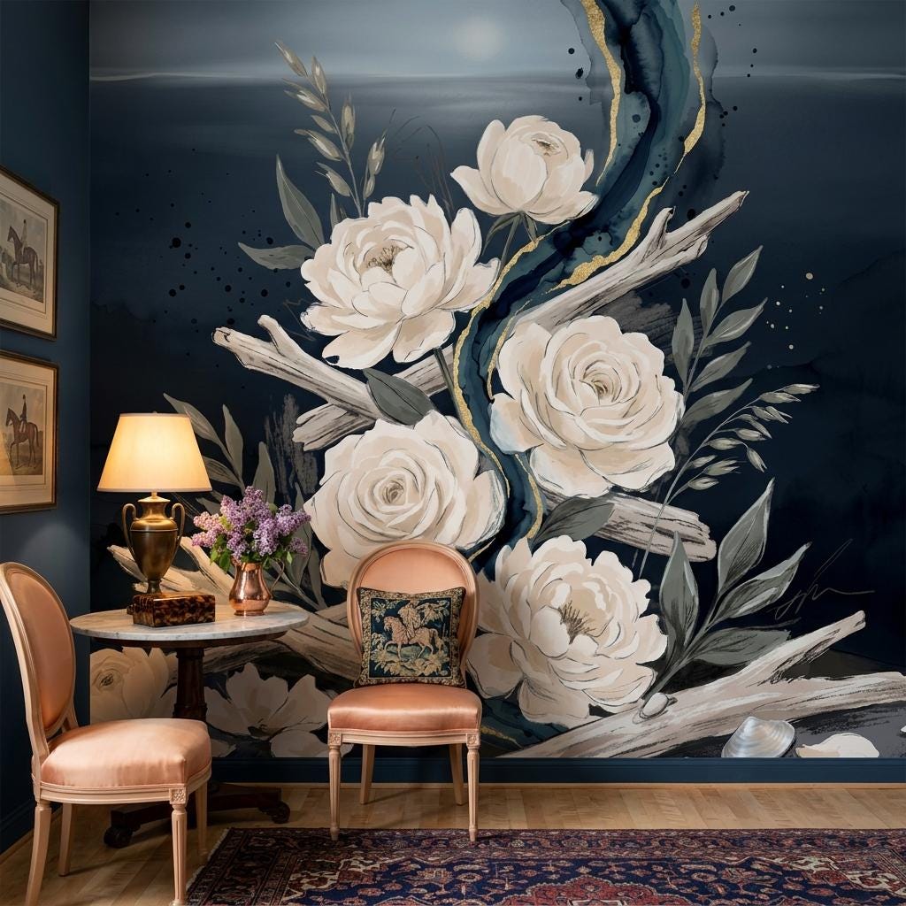 Dark Floral Wallpaper Mural, Elegant Rose Wall Art, Luxury Botanical Wall Decor