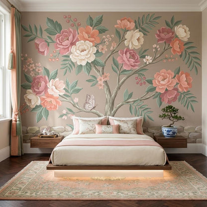 Blush Floral Tree Wallpaper Mural, Soft Pink Botanical Wall Art, Elegant Nature Wall Decor