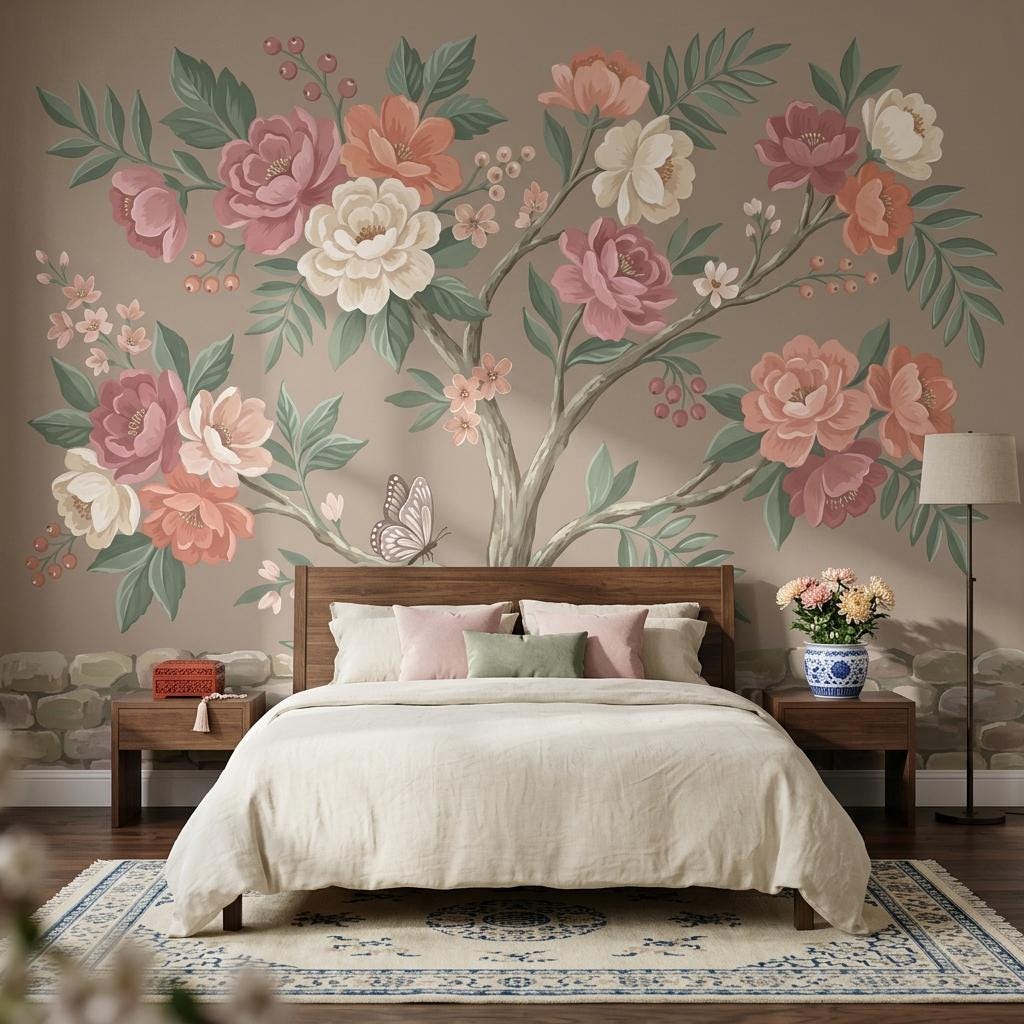 Blush Floral Tree Wallpaper Mural, Soft Pink Botanical Wall Art, Elegant Nature Wall Decor