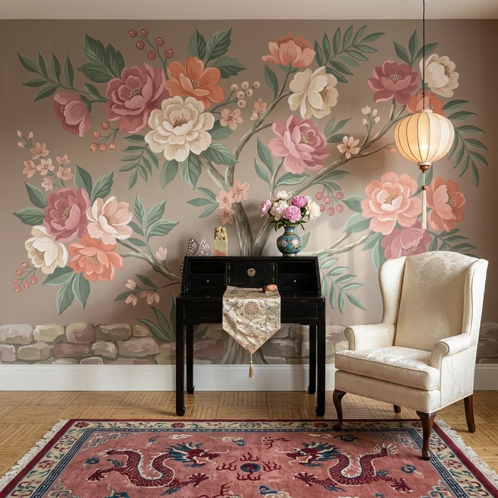 Blush Floral Tree Wallpaper Mural, Soft Pink Botanical Wall Art, Elegant Nature Wall Decor