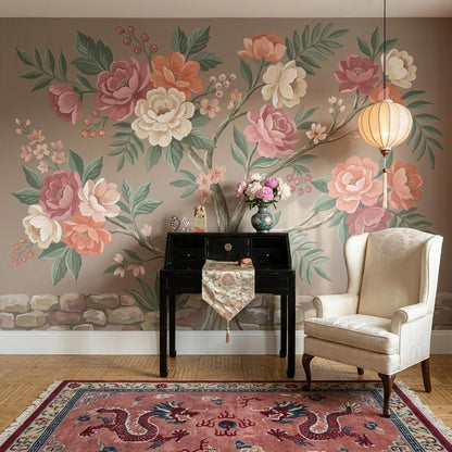 Blush Floral Tree Wallpaper Mural, Soft Pink Botanical Wall Art, Elegant Nature Wall Decor